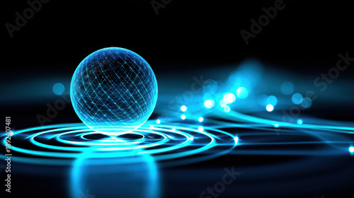 Glowing sphere creates energy ripples in dark environment, showcasing abstract waves and light patterns. scene evokes sense of motion and tranquility, highlighting beauty of digital art