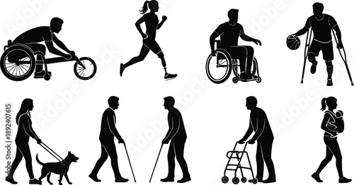 Silhouettes of people with various disabilities and mobility aids in action