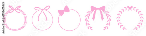 Pink ribbon bow vector icon set. Coquette Bows Illustration sign collection. Pink Hair Bow symbol. Bow and wreath logo.
