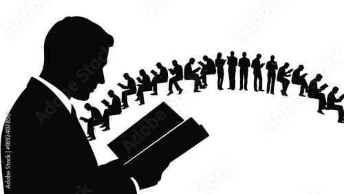 Silhouette, set, of, people, reading, books, and, newspapers, sitting, or, standing, in, various, poses, isolated, on, white, background, vector, illustration, library, education, knowledge, icons.