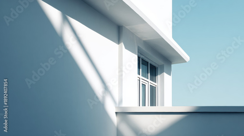 Clean lines and architectural shadows create striking contrast against white surface, evoking sense of modern minimalism and tranquility. bright blue sky enhances serene atmosphere