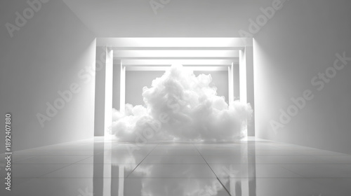 Serene white room features soft cloud of white smoke, creating tranquil atmosphere. clean lines and bright lighting enhance feeling of calm and spaciousness