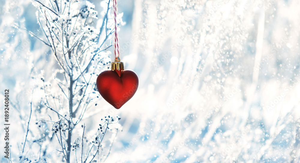 Obraz premium decorative red heart glass on snowy twigs, abstract light winter nature background. symbol of love, romance, family happiness. Festive winter season. Valentine's day, 14 february holiday. banner
