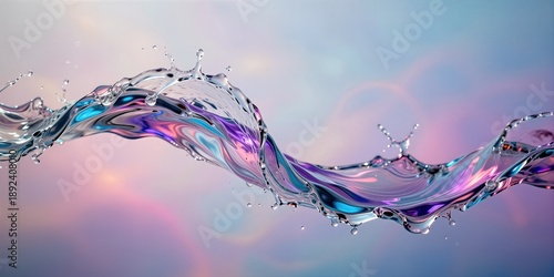 Water splash flows in a dynamic wave across a colorful background. Water liquid features vibrant purple and blue reflections. Water droplets scatter around the fluid movement.