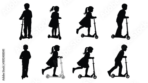 Silhouettes of active children riding kick scooters in various motion poses, little boy and girl playing outdoors, childhood lifestyle, isolated (21 words)