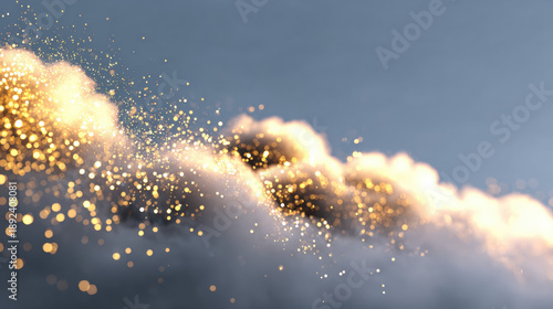 Abstract clouds of glitter shimmer in clear liquid, creating mesmerizing display of golden hues and sparkling particles. ethereal beauty evokes sense of wonder and tranquility