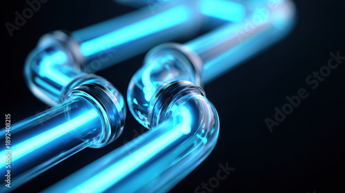 Transparent pipes with neon blue liquid flowing through them create striking visual effect. smooth curves and glowing light evoke sense of modern technology and innovation