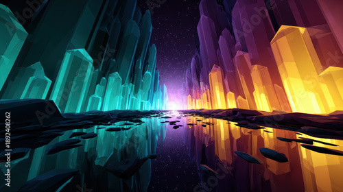 Vibrant crystal cave with glowing shards reflecting rainbow light, creating mesmerizing atmosphere. colorful formations create stunning visual effect, enhancing enchanting scene