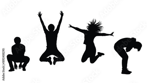 Silhouettes of people jumping and celebrating in various active poses, joyful youth expressing freedom and success, energetic motion group, isolated (21 words)