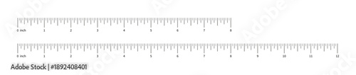 Ruler scale, measuring chart with 8 and 12 inches with numbers. Set of length measurement distance, height, math. 8inch and 12inch sewing tool.