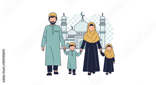 A Muslim family, father, mother, and two children, holding hands in front of a mosque, celebrating their culture and religion.