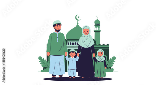 A Muslim family, including parents and two children, standing together in front of a mosque with a dome and minaret, depicted in a flat illustration style.
