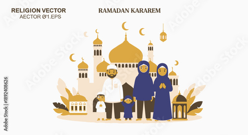 A Muslim family, including parents and two children, standing in front of a mosque with crescent moons and lanterns, celebrating Ramadan.