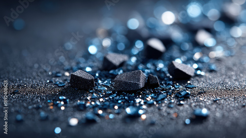 Shimmering blue crystals scattered across dark surface create captivating visual effect, showcasing beauty of mineral formations and their intricate details. sparkling elements evoke sense