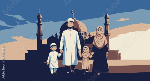 A Muslim family, including parents and two children, stands hand-in-hand in front of a mosque under a crescent moon, illustrating Islamic culture and family values.