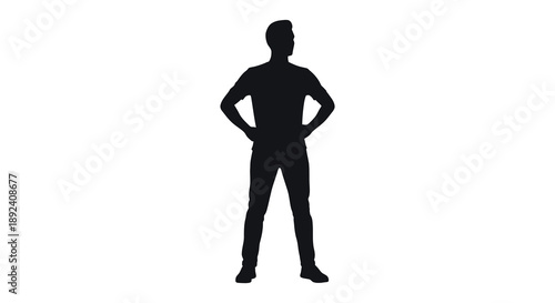 A stark black silhouette of a man standing confidently with hands on hips presenting a powerful visual statement silhouette