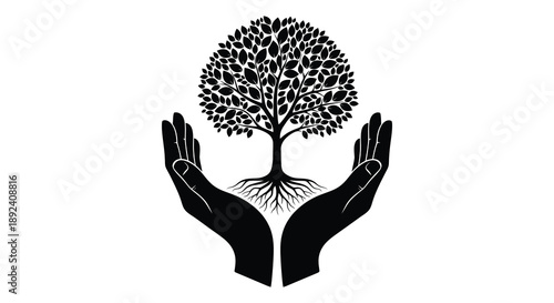 A pair of cupped hands gently cradle a flourishing tree symbolizing growth and protection presented as a striking silhouette
