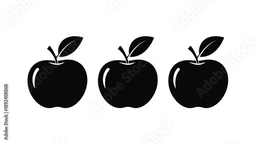 Three black apple fruit silhouettes with leaves isolated on white background for healthy food logo organic product design and icons (20 words)