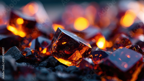 Shimmering amber crystals reflect warm light, creating captivating display of color and texture. sharp edges and rich hues evoke sense of natural beauty and elegance