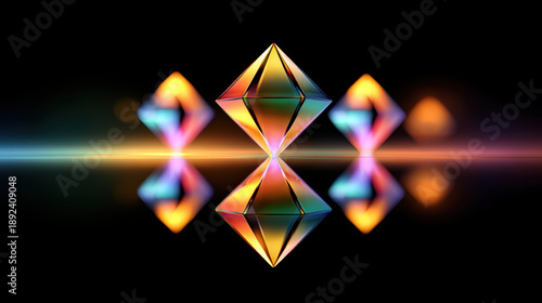Abstract diamond facets reflecting rainbow light create mesmerizing visual experience. vibrant colors and geometric shapes evoke sense of wonder and beauty