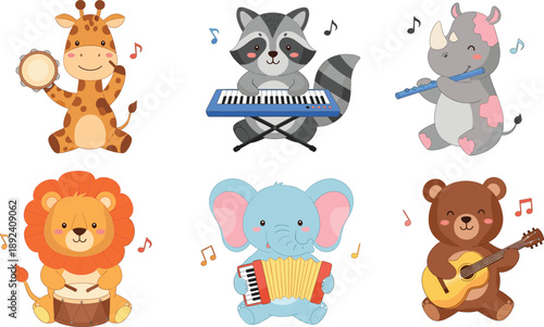 Cute animal musicians collection playing instruments with music notes cartoon vector illustration