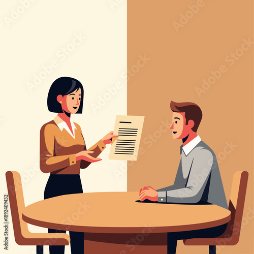 Business communication, Corporate meeting, Professional discussion, Teamwork, HR interview illustration depicting a job candidate and interviewer at a table