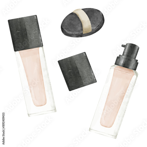 水彩画風のリキッドファンデーションとメイクアップスポンジのイラストセット