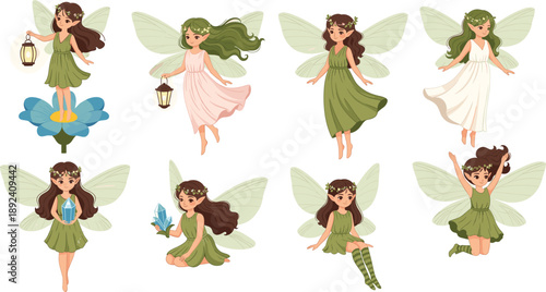 Cute fairy girl character collection with wings, magic poses and fantasy cartoon vector illustration