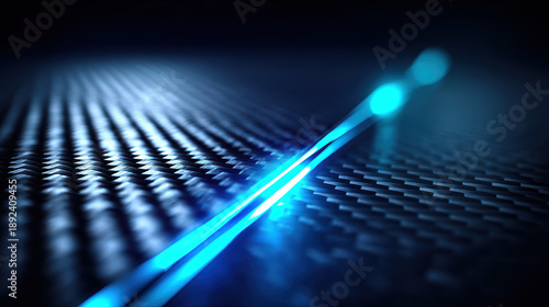 Abstract metallic carbon fiber with blue neon accents creates striking visual effect, showcasing blend of technology and design. smooth surface reflects light, enhancing dynamic feel