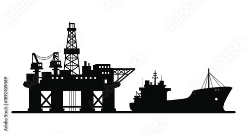 A striking black silhouette depicts an offshore oil rig and a tanker ship at sea showcasing industrial infrastructure silhouette