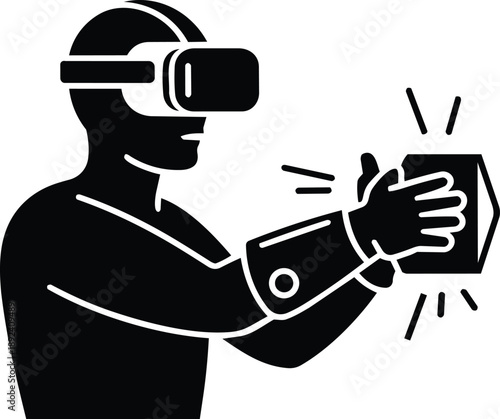 Silhouette of person in VR headset interacting with a geometric object virtual reality goggles