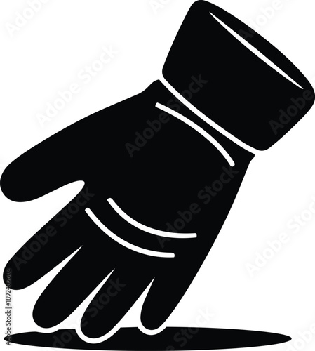 Black silhouette of a gloved hand reaching down towards a surface touching