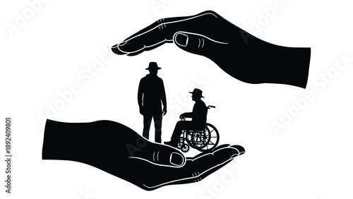 Two hands protecting disabled elderly man in wheelchair and standing senior person silhouettes isolated on white background for health insurance and social care support,