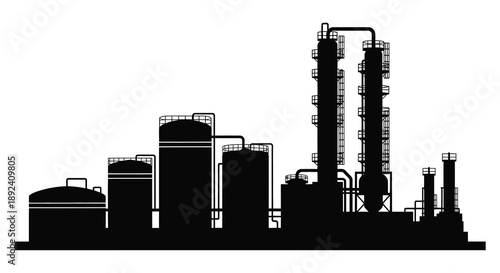 A striking black silhouette depicts an industrial complex with towers tanks and pipelines against a bright background silhouette high quality