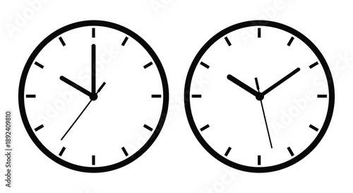 Two circular clocks display different times with the left showing six o clock and the right showing approximately ten past two silhouette