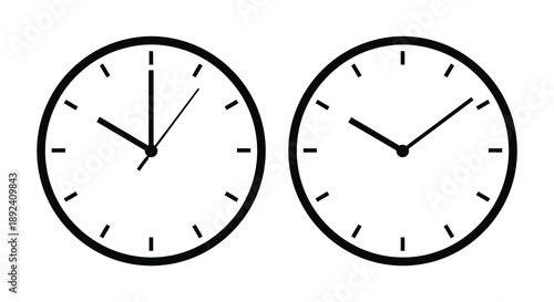 Two circular wall clocks display differing times featuring minimalist designs and a striking black silhouette high quality professional detailed modern