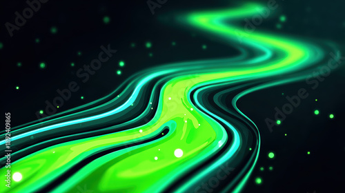 Futuristic glowing green fluid flows in mesmerizing abstract pattern, creating sense of movement and energy. vibrant colors and smooth lines evoke feeling of dynamism and innovation