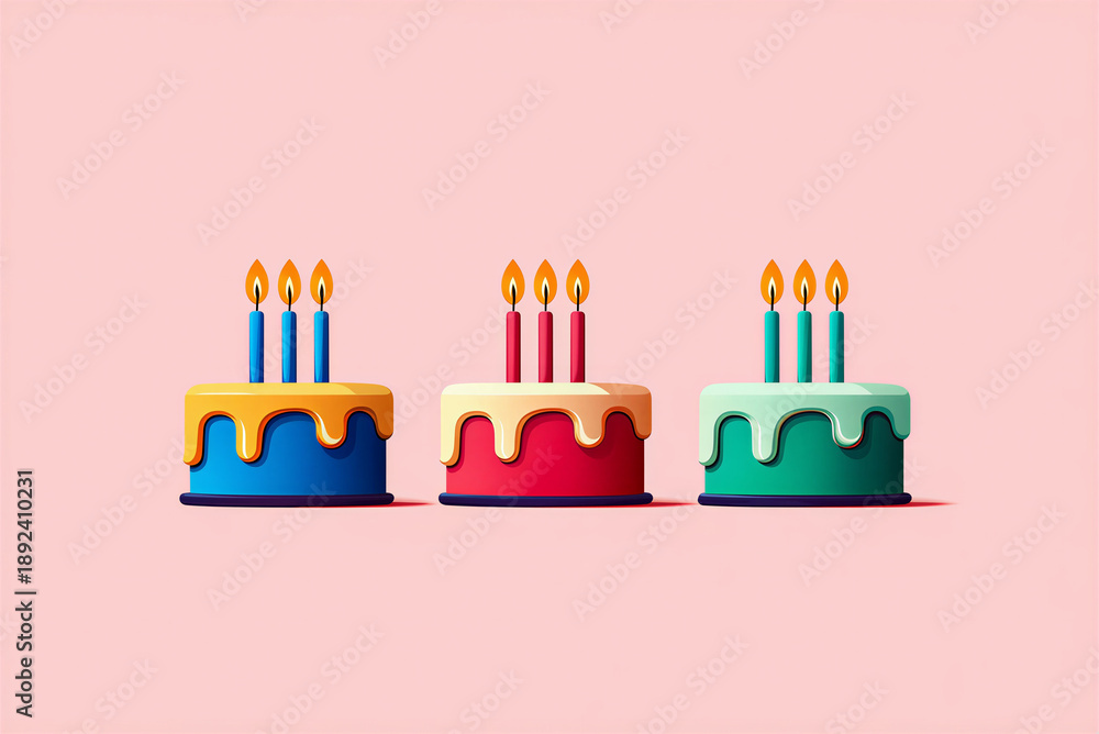 Naklejka premium Three Colorful Birthday Cakes with Lit Candles on Pink Background, Festive Celebration Concept, Studio Shot