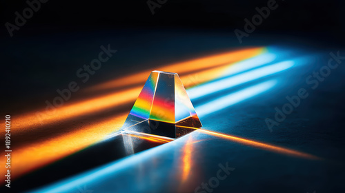 Crystal prism refracts light, creating vibrant rainbow colors on dark surface. interplay of light and shadow evokes sense of wonder and beauty