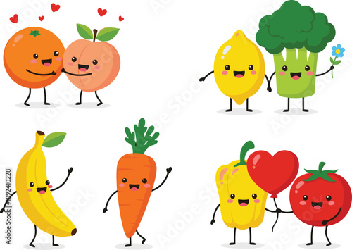 Cute fruits and vegetables cartoon characters expressing love friendship and happiness vector illustration