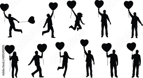 Black silhouettes of people holding heart shaped balloons