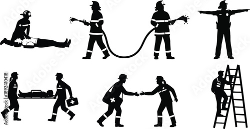 Firefighters in various rescue and emergency response situations