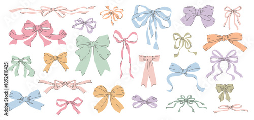 Bows and ribbons set. Hand drawn elegant coquette textile design elements, accessories for hair or holiday gifts. Vector illustration isolated on white background