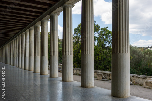 Ancient Greek Architecture of Stoa of Attalos in Athens Greece featuring Marble Doric Columns and Colonnade in the Ancient Agora Archaeological Site