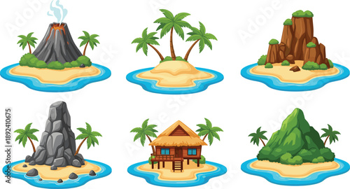 Set of Tropical Island Cartoon Icons with Volcano Palm Trees Rocky Cliffs Wooden Hut and Green Hills Isolated Illustration