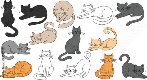 Cute cat character collection with sitting, sleeping and stretching poses cartoon vector illustration
