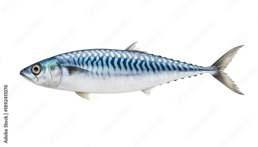 Fototapeta premium Mackerel in Profile A solitary mackerel is showcased in a profile shot, its sleek, streamlined body and vibrant markings, a testament to the sea's beauty and biodiversity.
