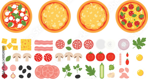 Pizza ingredients and topping elements collection with cheese, vegetables, meat and prepared pizza bases vector illustration