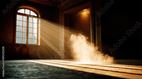 Floating dust particles in sunbeam illuminate dark cinematic room, creating serene and atmospheric scene. interplay of light and shadow evokes sense of tranquility and mystery