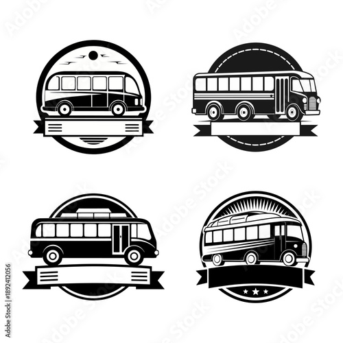Vintage Bus Emblem Set Featuring Four Retro Coach Badges In Black And White Style